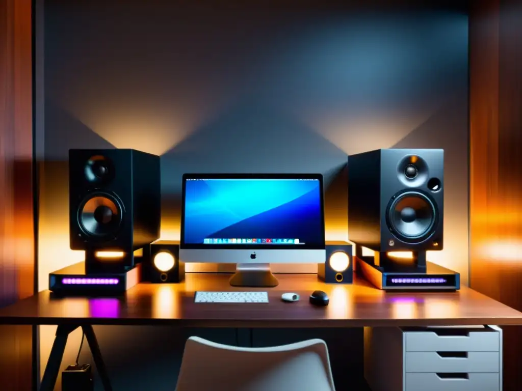 Estudio de grabación profesional con equipo de alta calidad Configuración y uso de Ardour en un estudio moderno y profesional con interfaz de audio, monitores de estudio y micrófono
