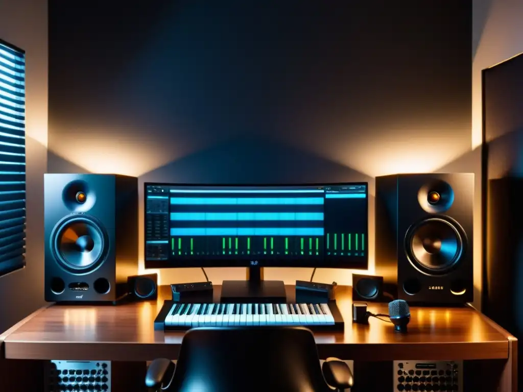 Estudio de grabación profesional con Ardour: creatividad y tecnología Configuración y uso de Ardour: Imagen de un estudio casero con micrófono profesional, interfaz de audio de alta gama y músico listo para grabar