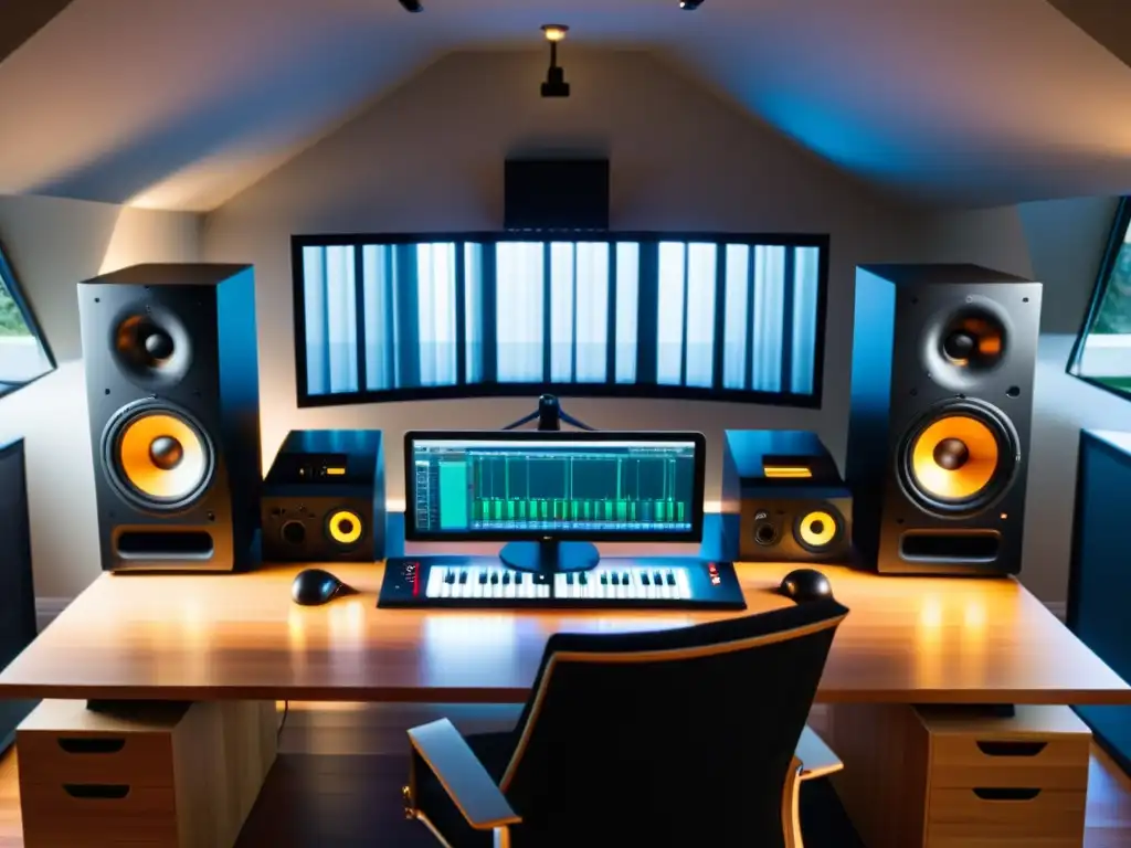 Estudio de grabación en casa con equipo moderno Configuración y uso de Ardour en moderno estudio casero de grabación, con luz natural suave que crea atmósfera cálida