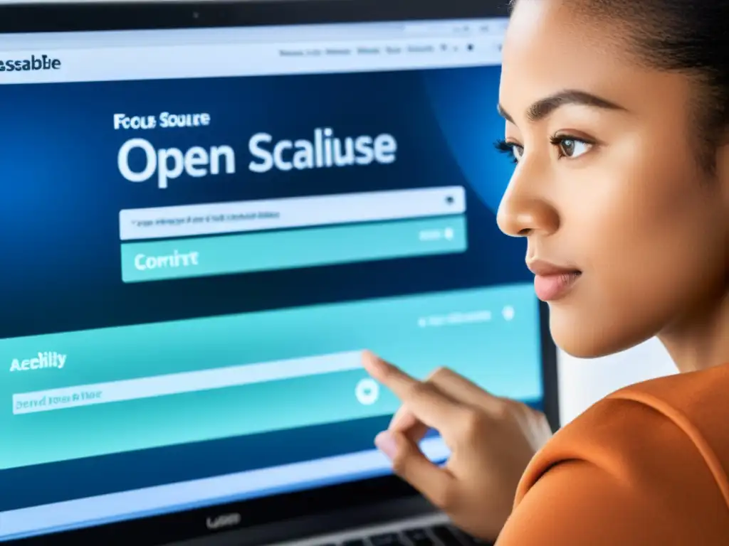 Usuario concentrado con lector de pantalla, interactuando con accesibilidad web herramientas open source en un entorno profesional moderno