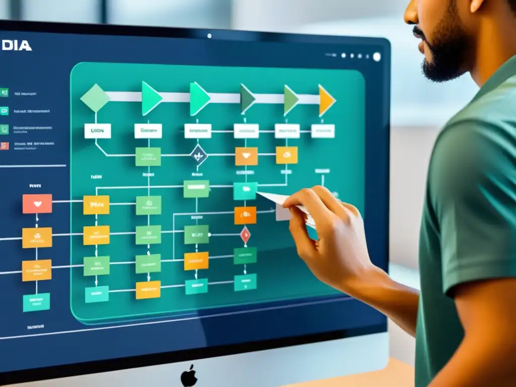 Creación de flujo de software con Dia: interfaz moderna y profesional Un usuario crea un diagrama de flujo en Dia, software de código abierto para diagramas de flujo, con una interfaz moderna y elegante