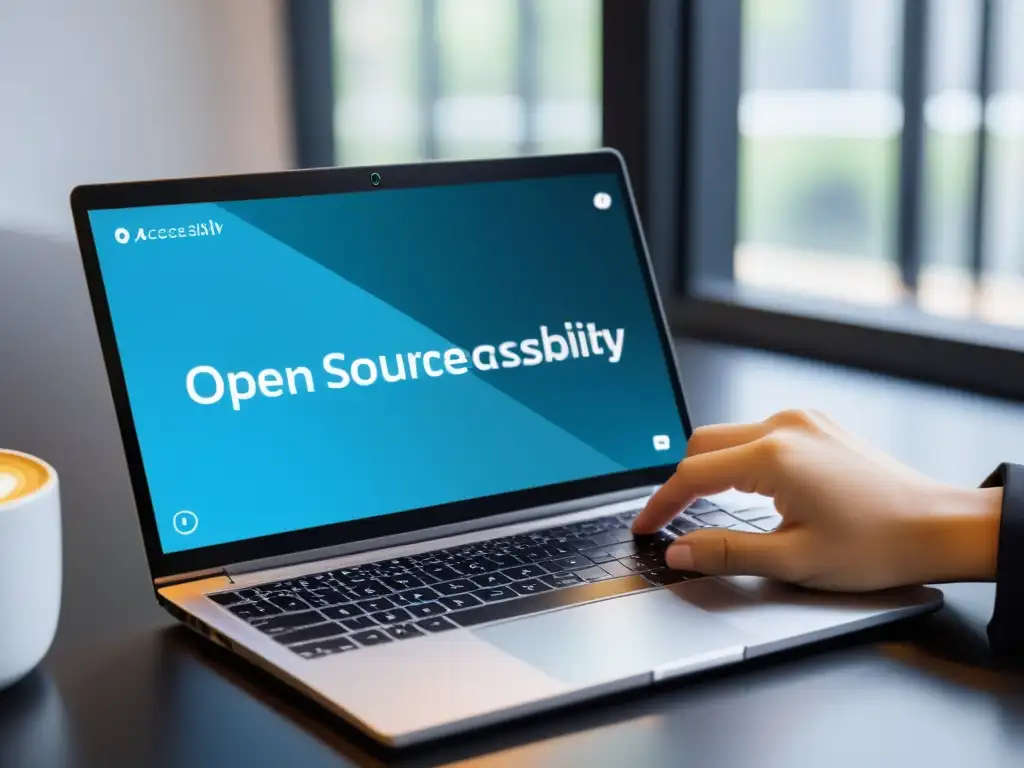 Un usuario con discapacidad visual utiliza un lector de pantalla en una moderna laptop, con herramientas de accesibilidad web open source en pantalla