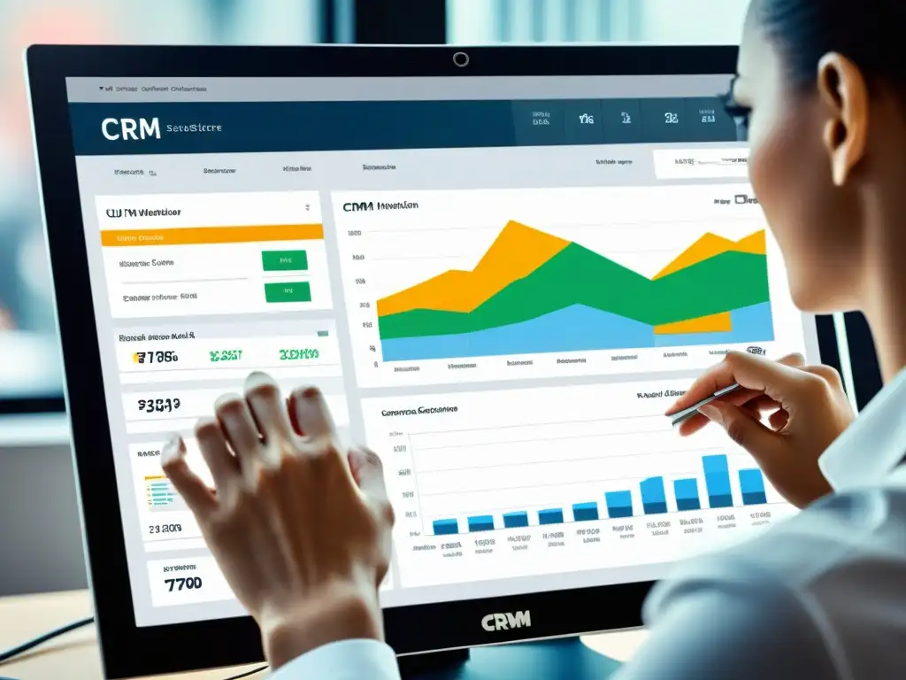 Un usuario enfocado utilizando un sistema de CRM para ecommerce en un monitor de alta resolución, con diseño moderno y eficiencia