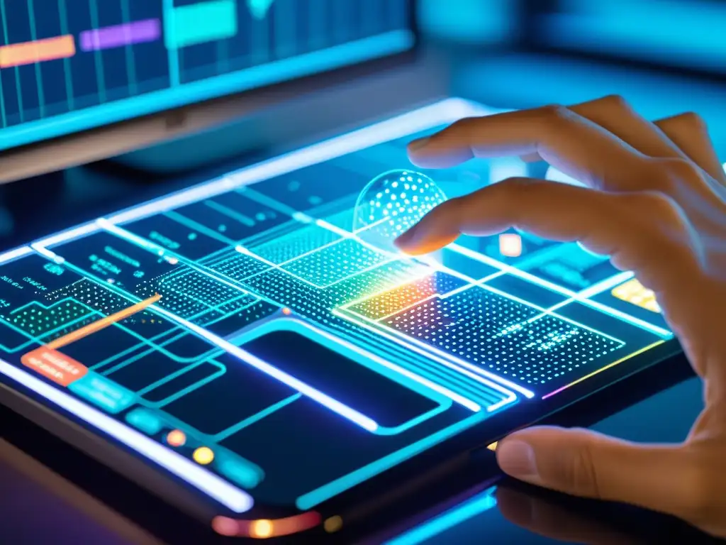 Exploración avanzada de IA en interfaz futurista Un usuario explora herramientas de inteligencia artificial de código abierto en una interfaz futurista y vibrante, mostrando redes neuronales y código
