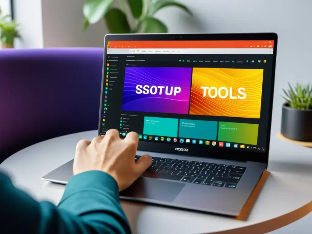 Un usuario utiliza herramientas open source para SEO en su moderna laptop, destacando su interfaz amigable y gráficos vibrantes