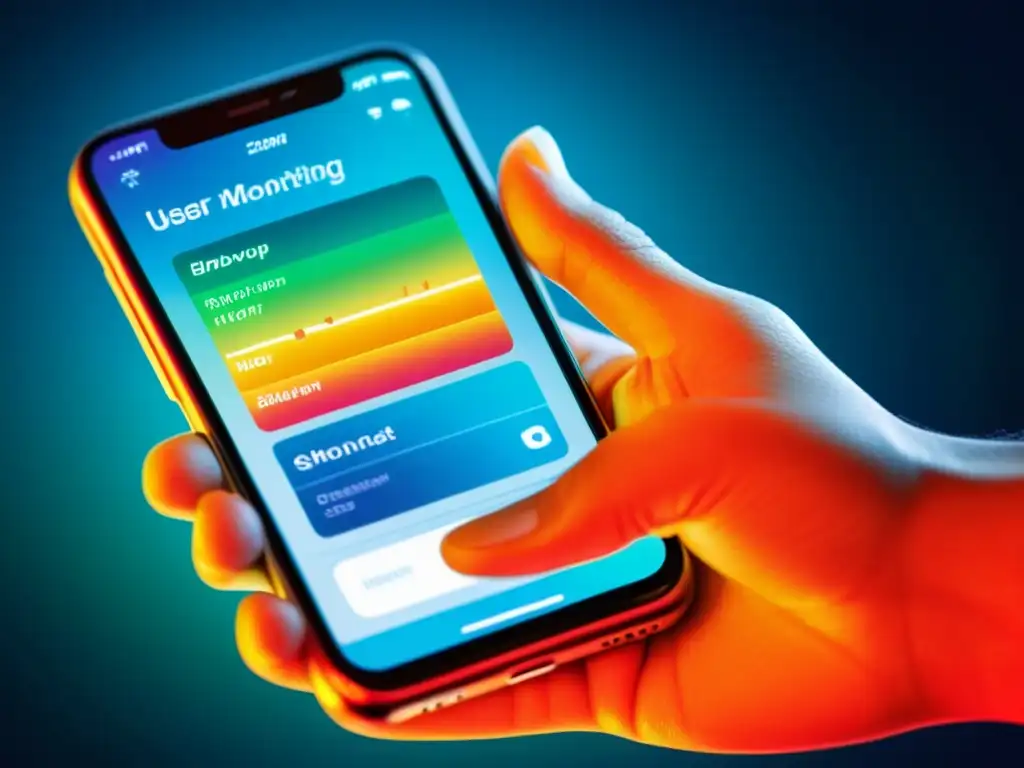 Un usuario interactúa con un smartphone mostrando un mapa de calor, destacando el monitoreo de comportamiento del usuario