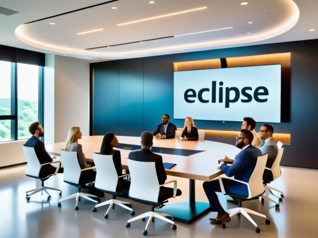 Usuarios entusiastas de Eclipse discuten las novedades última versión Eclipse en una sala moderna y luminosa, reflejando colaboración y dinamismo