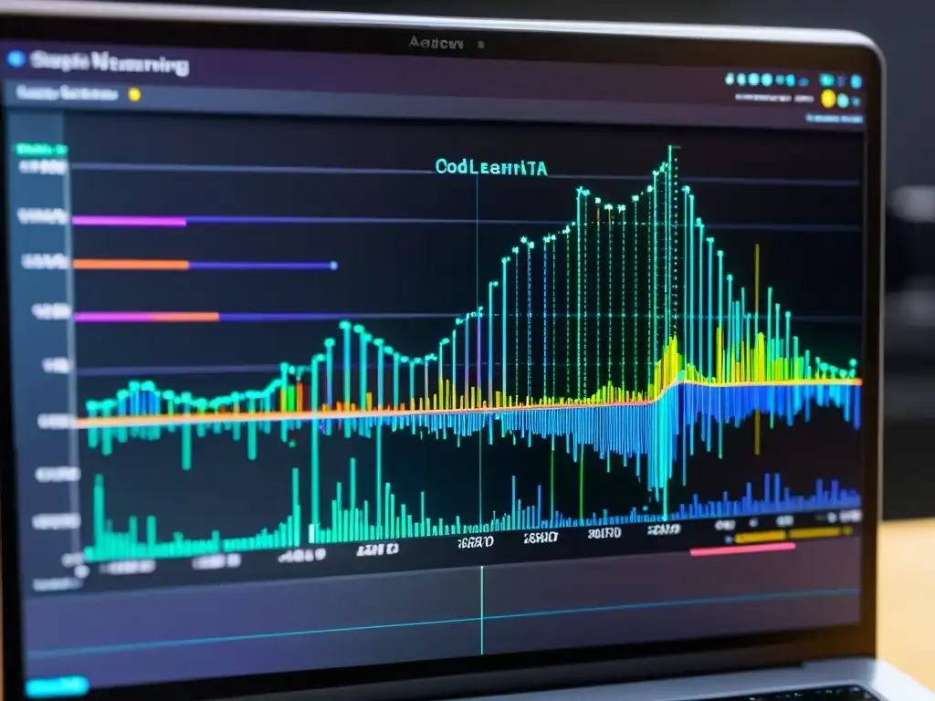 Vibrante visualización de algoritmo de aprendizaje automático con bibliotecas de código abierto, código colorido y métricas estadísticas detalladas