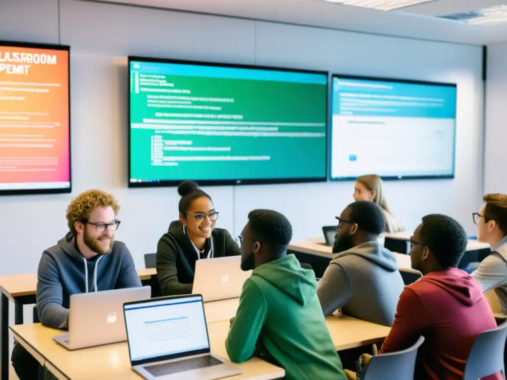 Innovación Abierta: Colaboración en Desarrollo de Software Educativo Vibrante aula de código abierto, estudiantes colaboran en proyectos con laptops y tablets, atmosfera innovadora