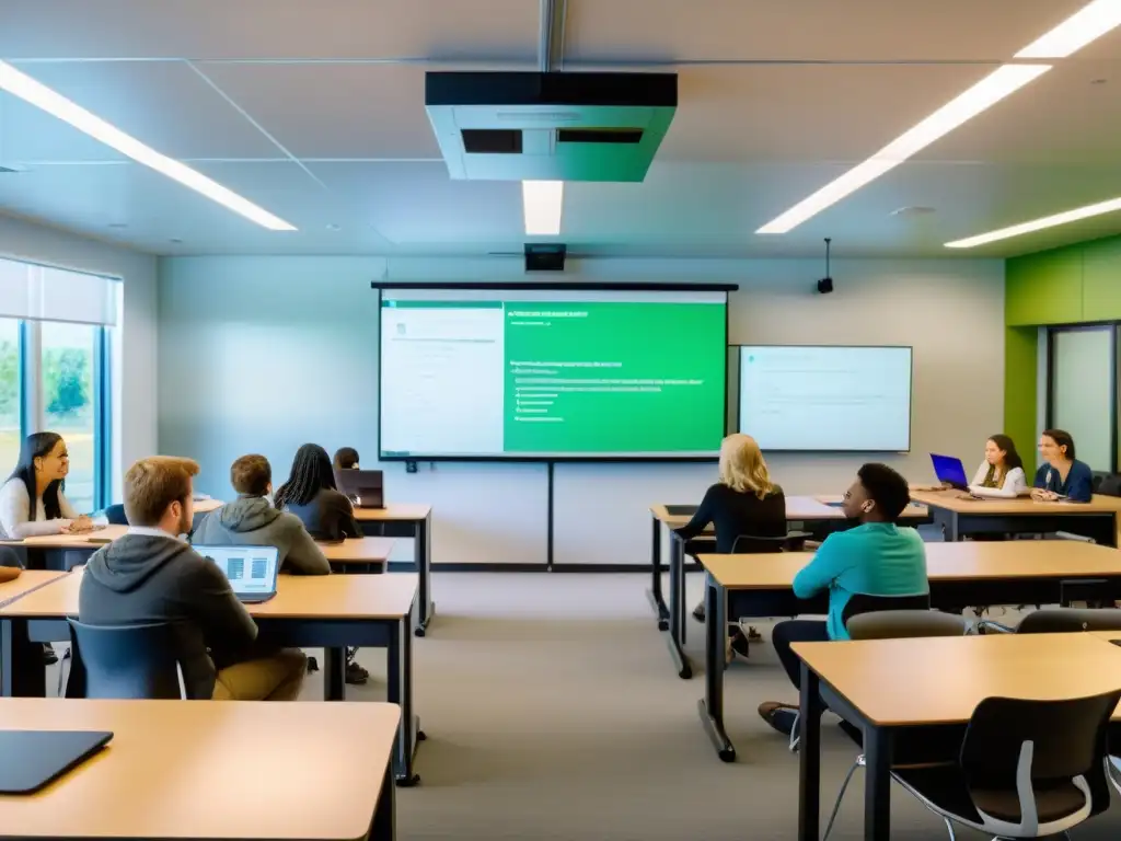 Vibrante aula moderna con tecnología Open Source en educación, fomentando certificaciones y desarrollo profesional