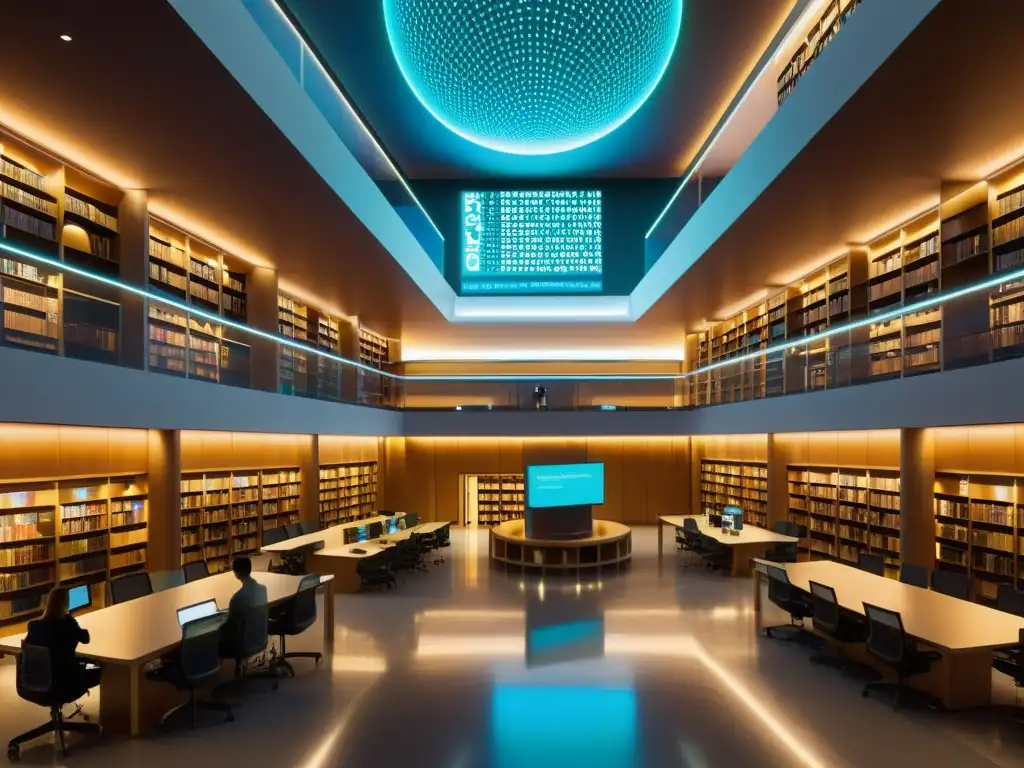 Vibrante biblioteca futurista de redes neuronales Vibrante biblioteca del futuro con redes neuronales eficientes y ambiente tecnológico avanzado
