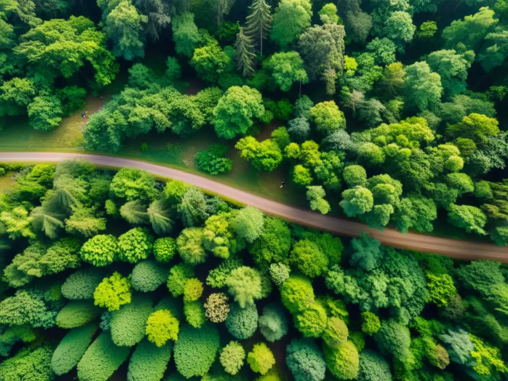 Vibrante bosque con senderos entrelazados y comunidad activa, simbolizando el empoderamiento ciudadano y la gobernanza ambiental open source