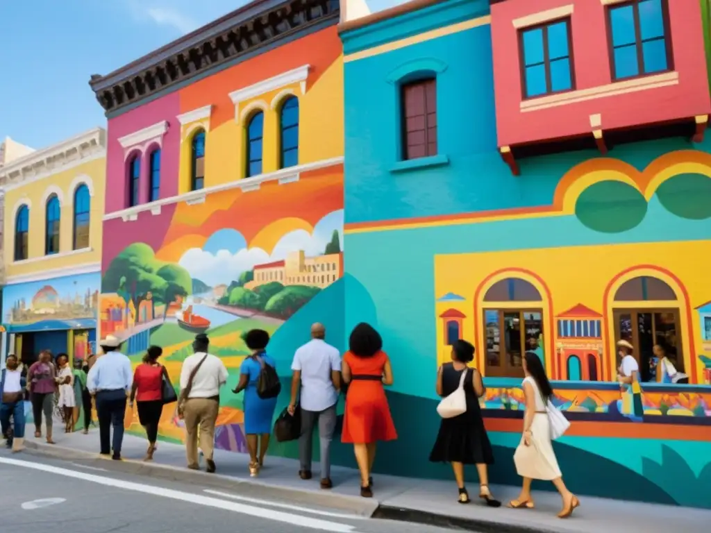 Vibrante calle urbana con murales de cultura libre políticas públicas, integrando diversidad y creatividad en la vida cotidiana