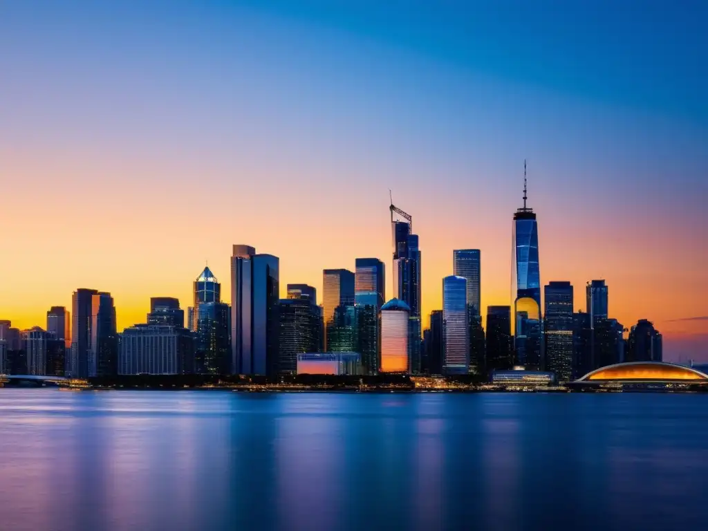 Atardecer en la ciudad: energía urbana y progreso Vibrante ciudad al atardecer con modernos rascacielos iluminados por el sol poniente