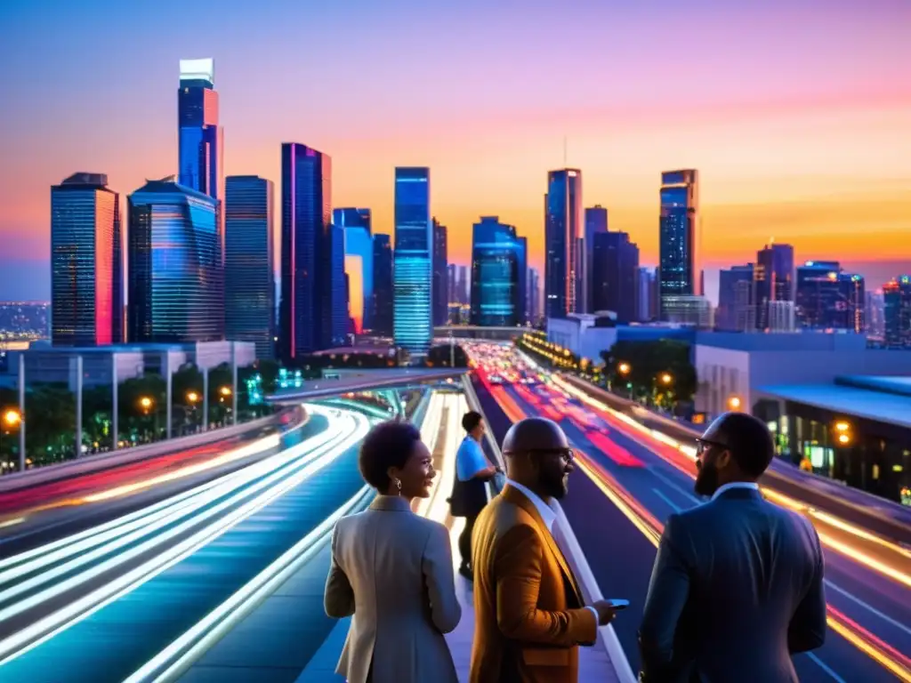 Vibrante ciudad al atardecer con rascacielos modernos, reflejando el impacto del software libre en la industria