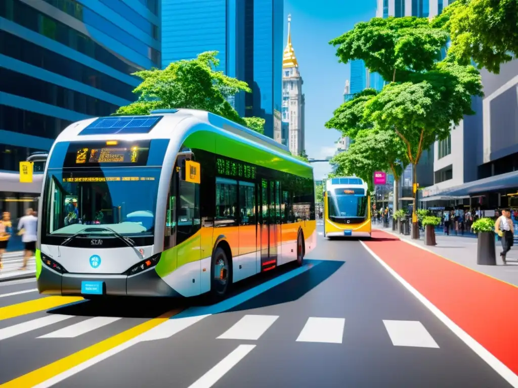 Vibrante ciudad con buses eléctricos futuristas y tecnología sostenible, optimización transporte público software libre