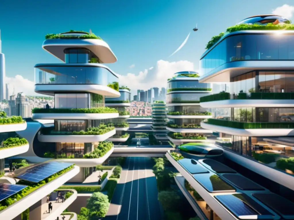 Vibrante ciudad futurista con arquitectura innovadora y naturaleza, reflejando la transformación gestión pública software código abierto