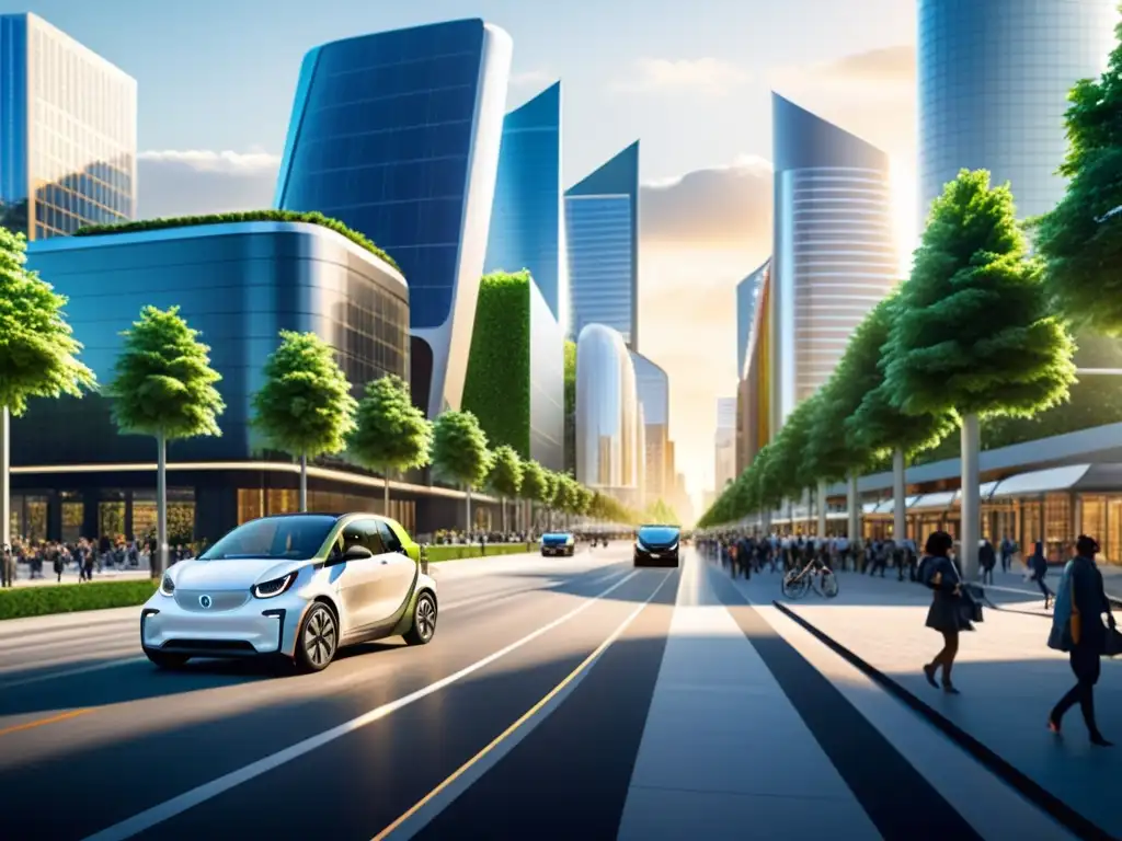 Vibrante ciudad futurista con arquitectura sostenible y transporte eléctrico