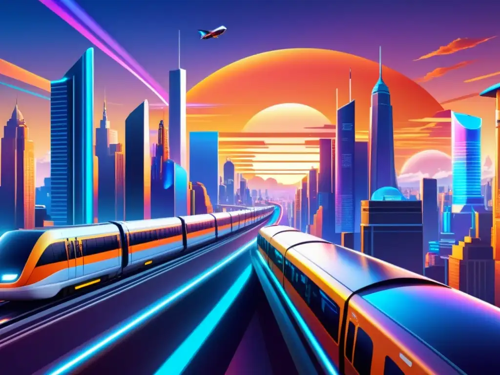 Vibrante ciudad futurista al atardecer con rascacielos, monorraíles y anuncios holográficos, evocando innovación y desarrollo de juegos