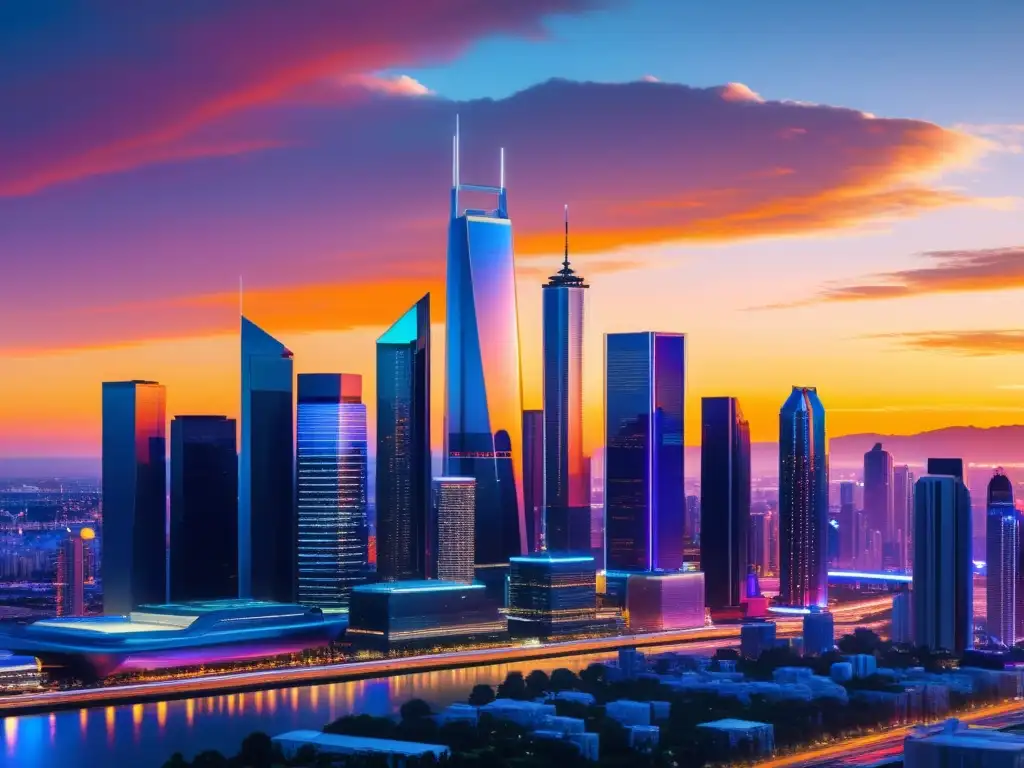 Vibrante ciudad futurista al atardecer, muestra progreso e innovación con Redux en gestión estado aplicaciones React gran escala