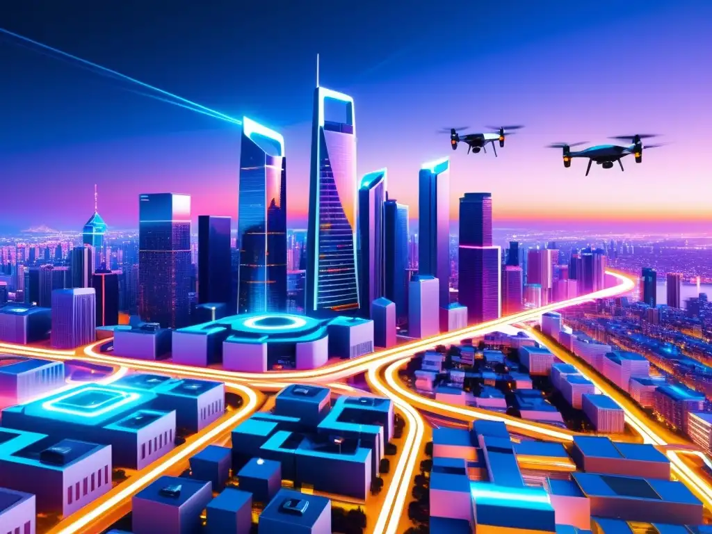 Metrópolis futurista con IA y drones Vibrante ciudad futurista con drones y vehículos autónomos, destacando el software de IA Open Source legal