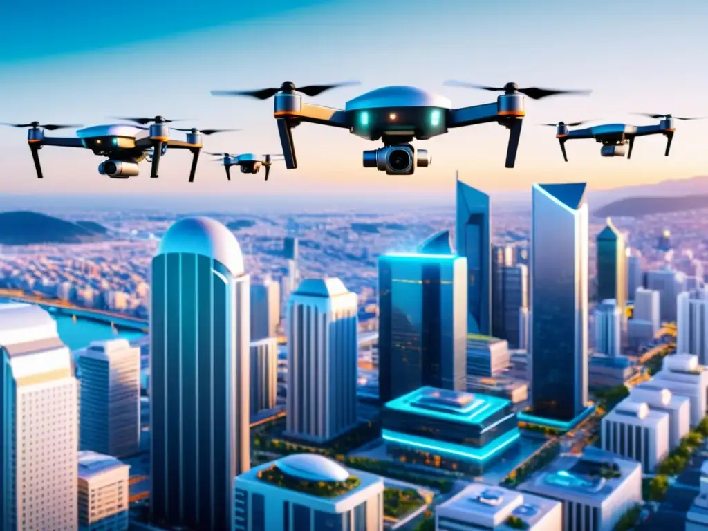 Vibrante ciudad futurista con drones AI y tecnología de código abierto para IA, muestra un paisaje moderno y profesional