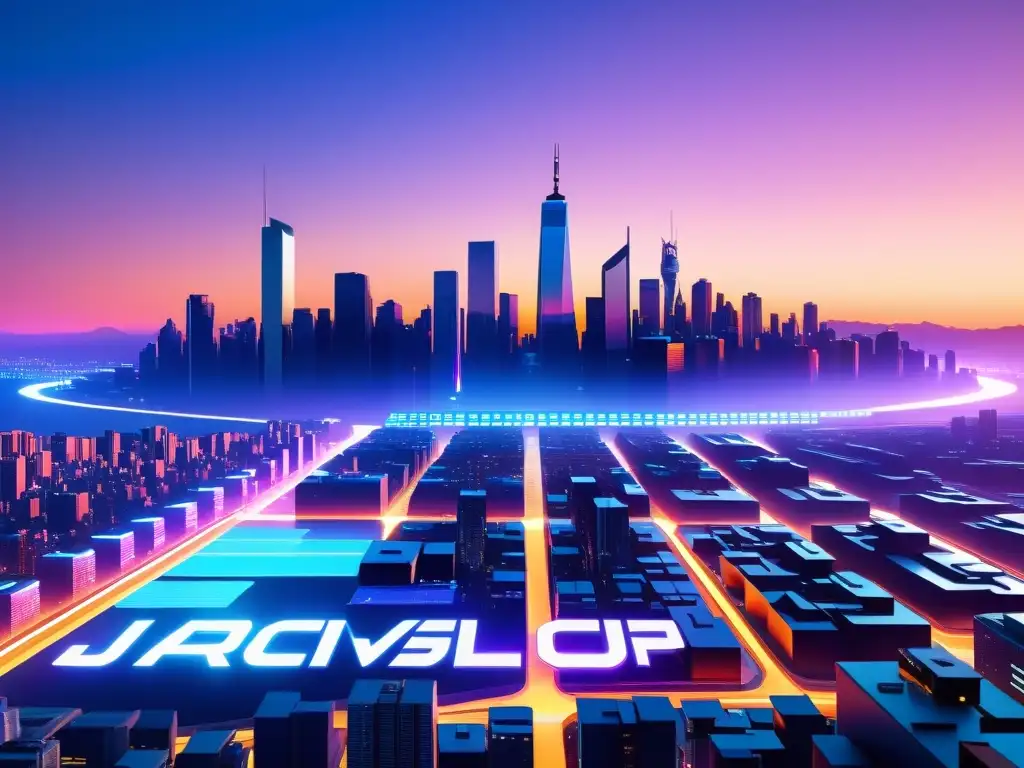 Horizonte futurista: Ciudad 8k con código JavaScript holográfico Vibrante ciudad futurista con hologramas y programadores colaborando en plataformas digitales, destacando el símbolo luminoso del compilador de JavaScript código abierto