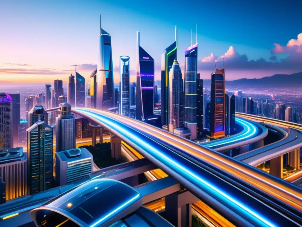 Metrópolis futurista: rascacielos, luces neón y tecnología avanzada Vibrante ciudad futurista con infraestructura de alta tecnología y ventajas de la infraestructura open source