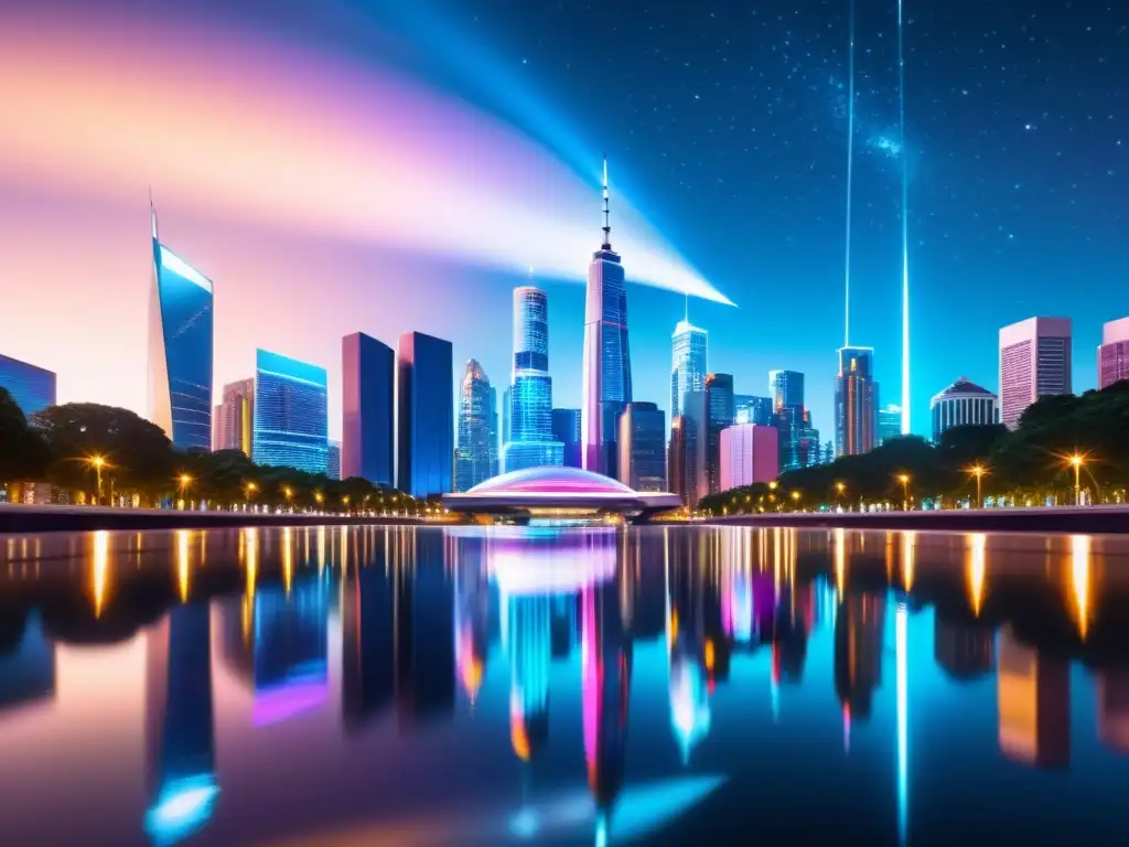 Vibrante ciudad futurista de noche, con rascacielos iluminados reflejados en un río