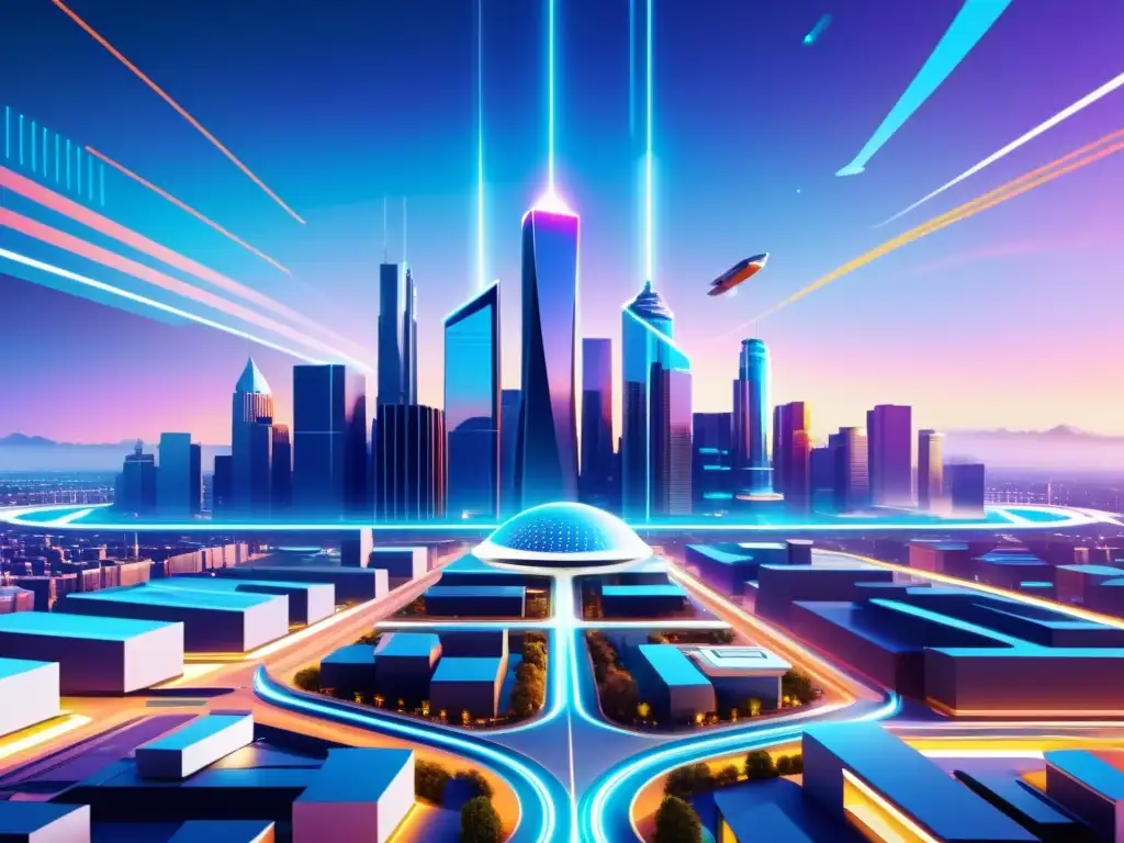 Vibrante ilustración de una ciudad futurista con tecnología avanzada y auditorías de código en IA en un entorno dinámico y profesional