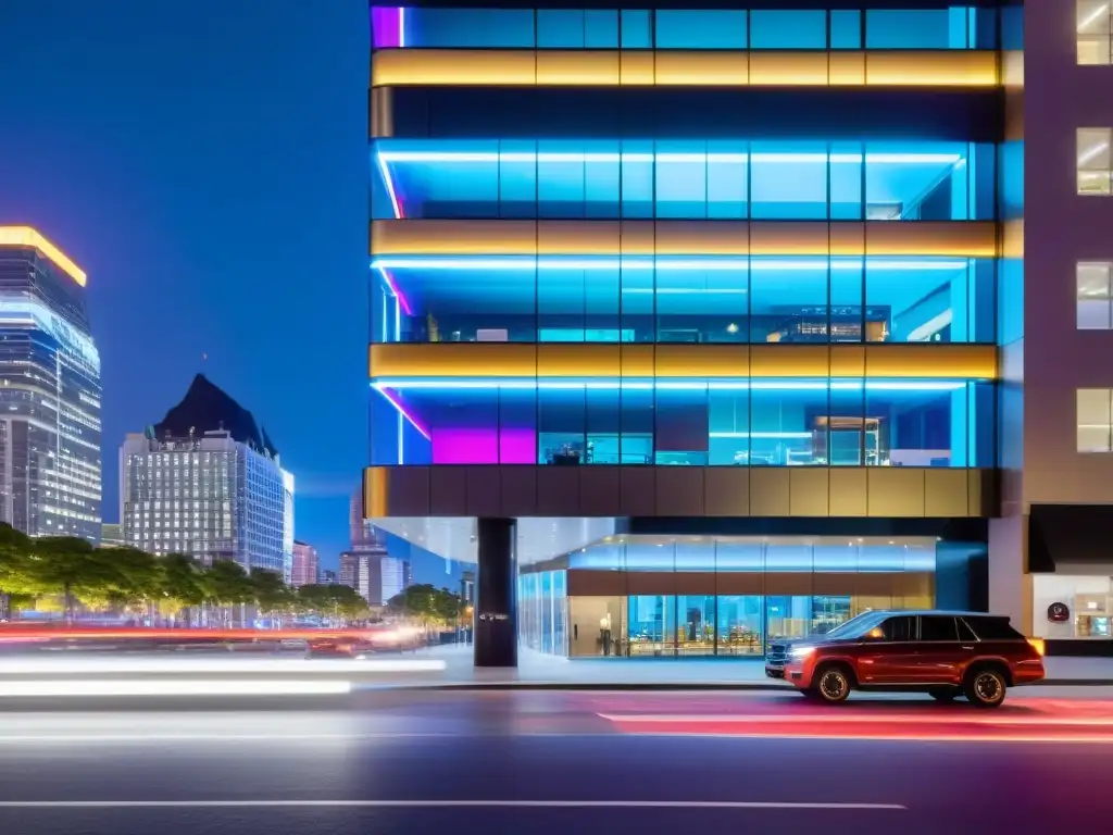 Vibrante ciudad nocturna con edificio moderno iluminado por luces de neón, reflejando el avance tecnológico y la seguridad en la era digital