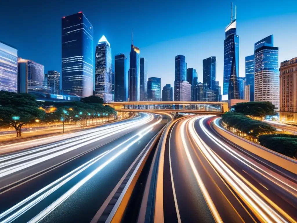 Vibrante ciudad nocturna con luces de tráfico y rascacielos iluminados, reflejando la eficiencia y conectividad moderna