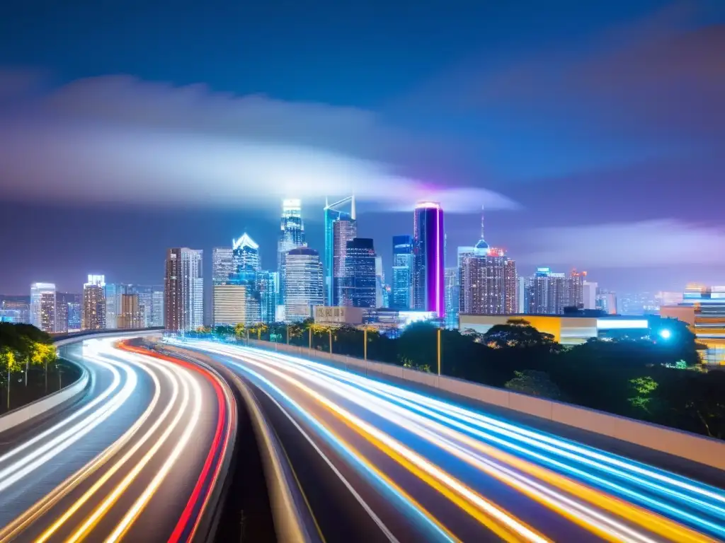 Vibrante ciudad nocturna con luces de neón, reflejos en rascacielos y actividad frenética