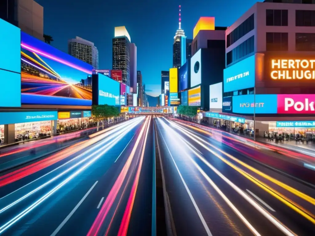 Vibrante ciudad nocturna con luces de neón y tráfico, reflejando las técnicas de monitoreo de tráfico en tiempo real