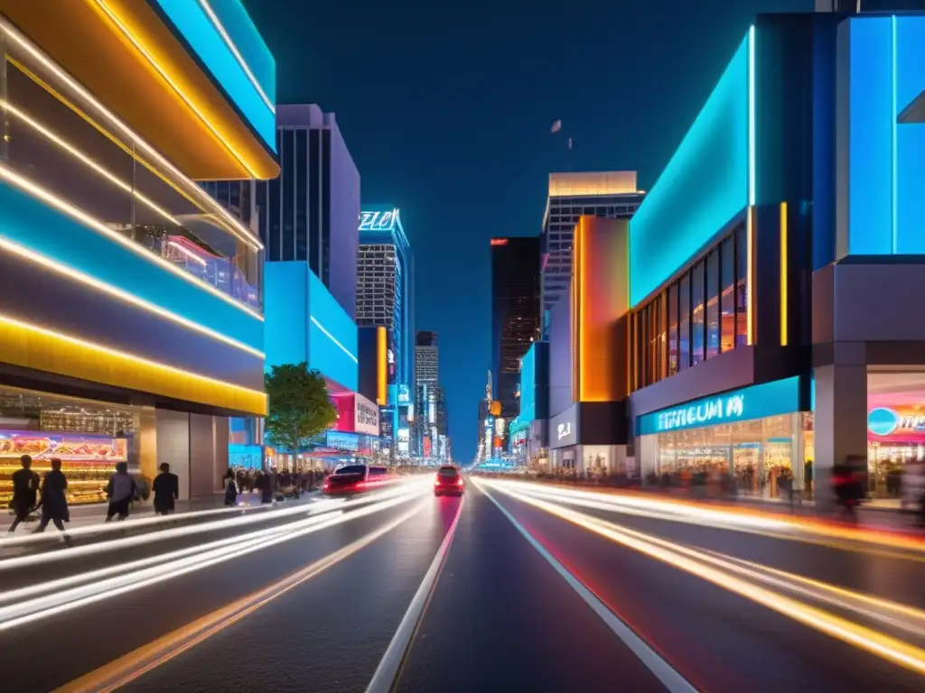 Vibrante ciudad nocturna con luces de autos y arquitectura moderna, reflejando energía y velocidad en un entorno urbano