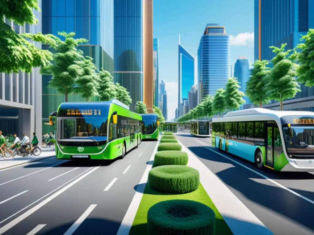 Vibrante ciudad sostenible con buses eléctricos y paneles solares en rascacielos verdes