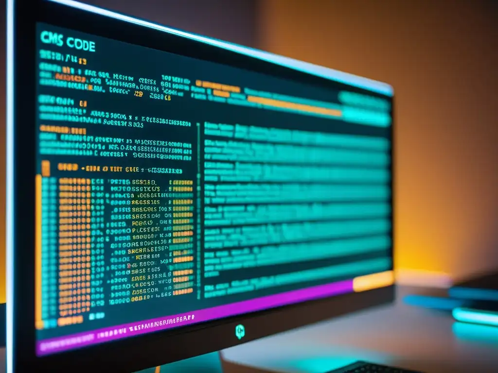 Vibrante código abierto CMS rodeado de dispositivos modernos, resaltando su integración y versatilidad en un ambiente profesional y educativo