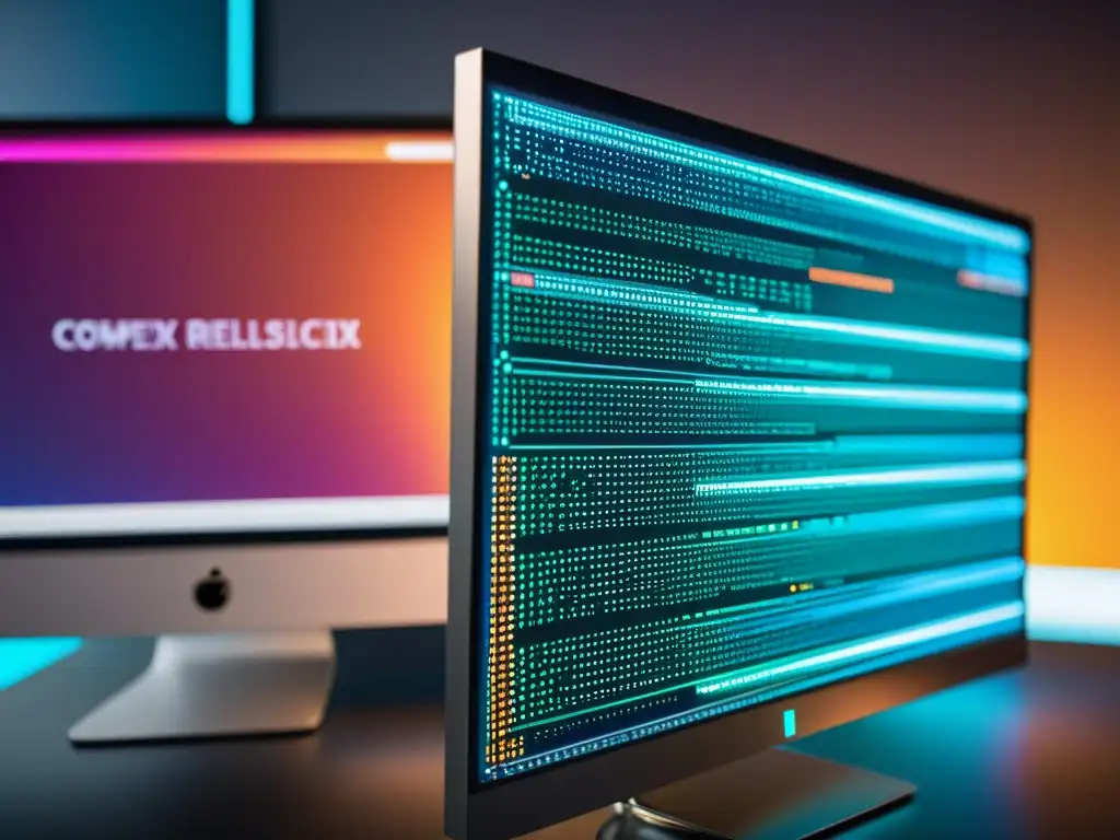 Vibrante código en pantalla, en un espacio minimalista y futurista, evocando Seguridad del Software Libre