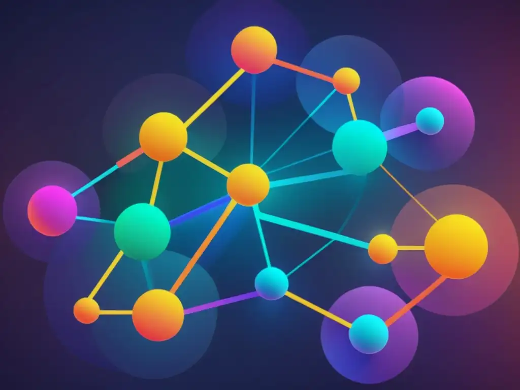 Vibrante representación de la compleja red de nodos y conexiones en la base de datos de grafos FlockDB, con dinámicas formas coloridas y líneas resplandecientes