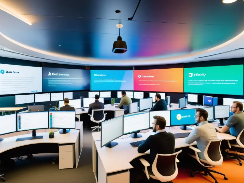 Vibrante comunidad de código abierto en un espacio moderno, con integración continua y enfoque en seguridad del código