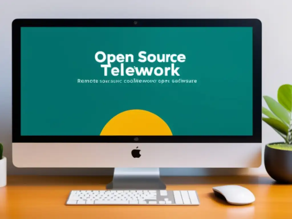 Vibrante comunidad en línea discutiendo sobre software de código abierto para teletrabajo seguro, con diseño minimalista y enfoque en imágenes de setups remotos