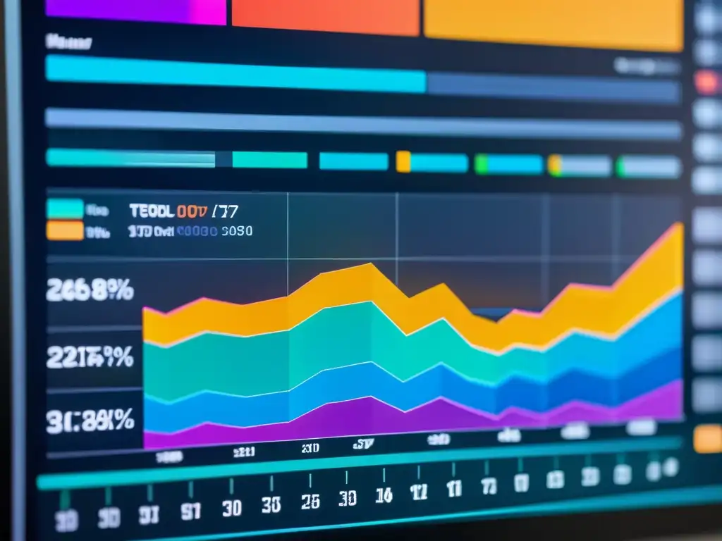 Vibrante visualización de datos y gráficos de análisis de sentimientos en herramientas open source, en una pantalla de ordenador moderno y minimalista