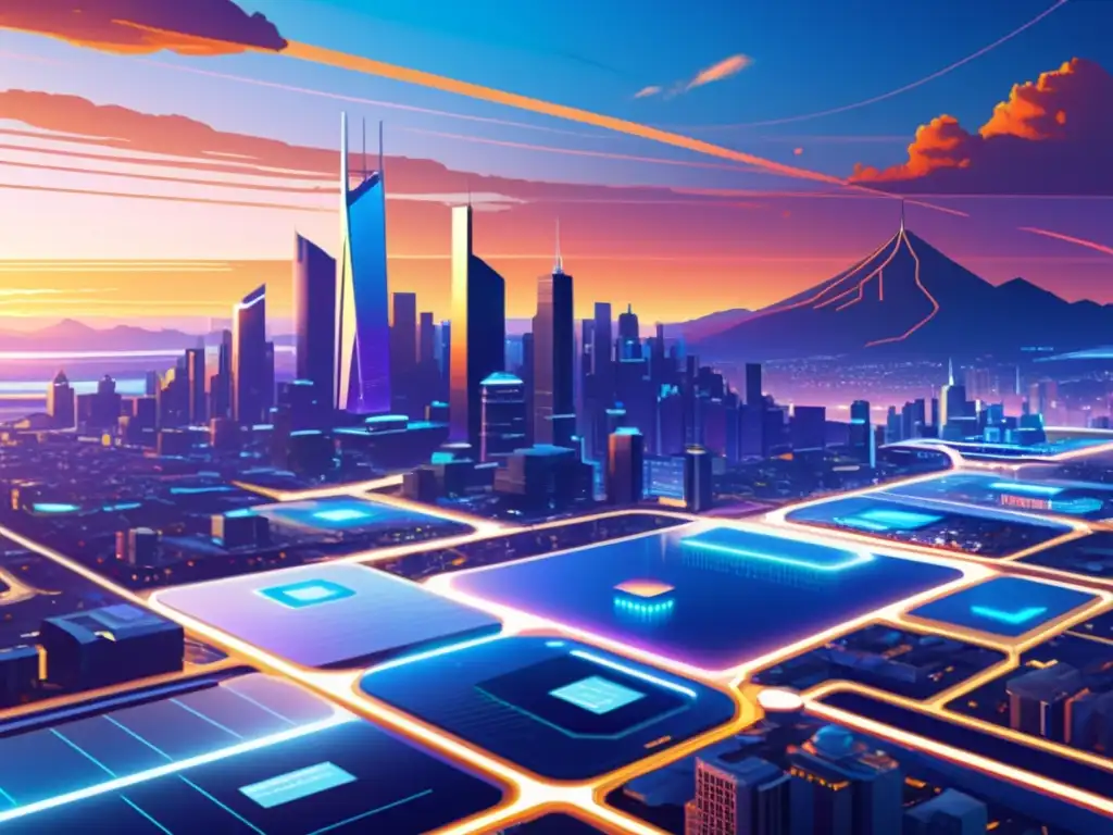 Vibrante ilustración digital de una futurista ciudad con edificios interconectados y sistemas de transporte avanzados, mostrando la importancia de licencias en código abierto