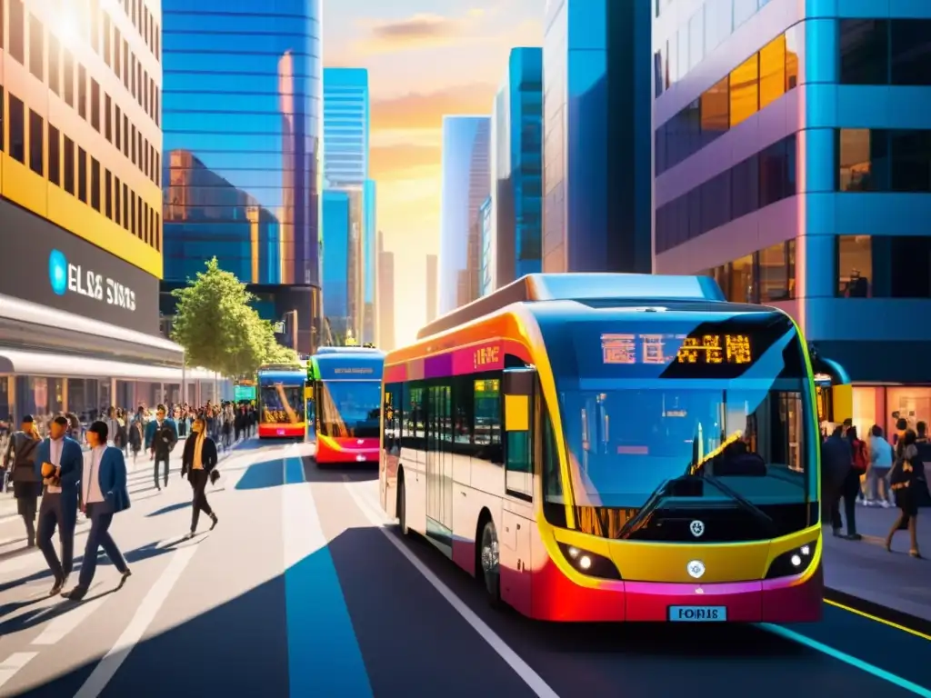 Vibrante escena urbana con buses y tranvías eléctricos, modernos edificios y paradas futuristas, optimización transporte público software libre