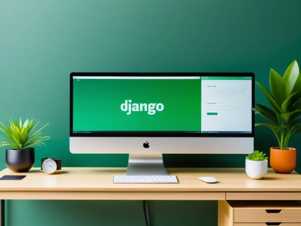 Vibrante espacio de trabajo moderno con monitores duales mostrando código de Django y Flask