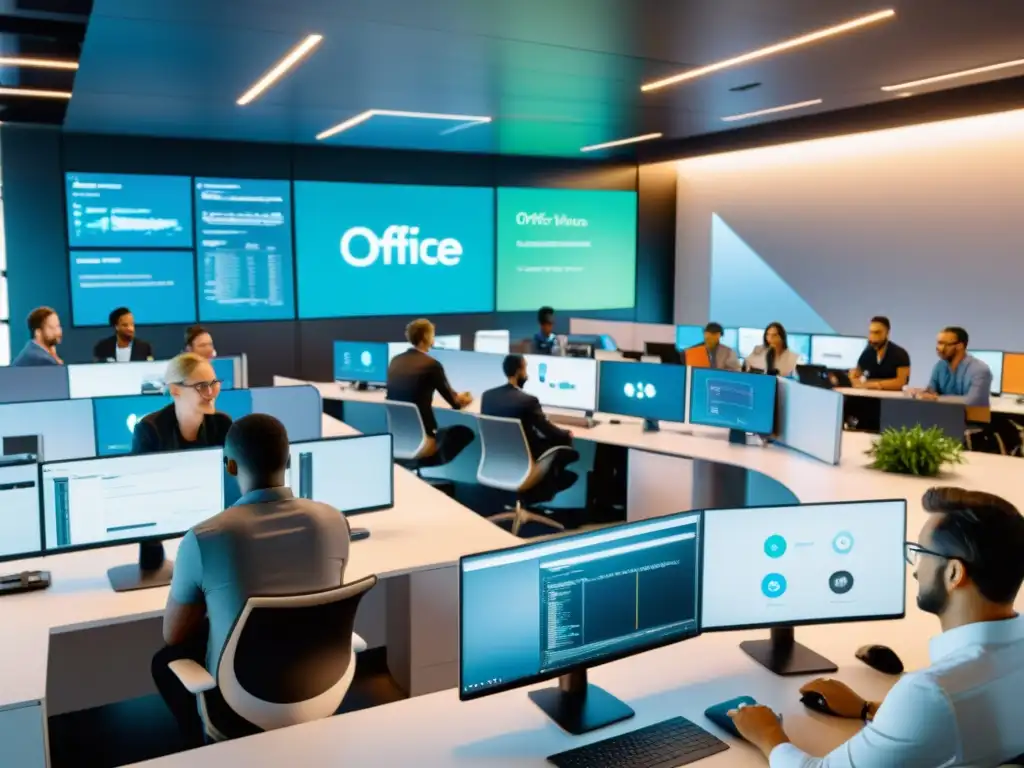 Un vibrante espacio de trabajo de startups con equipo diverso utilizando IA de código abierto para innovar en un entorno moderno y dinámico