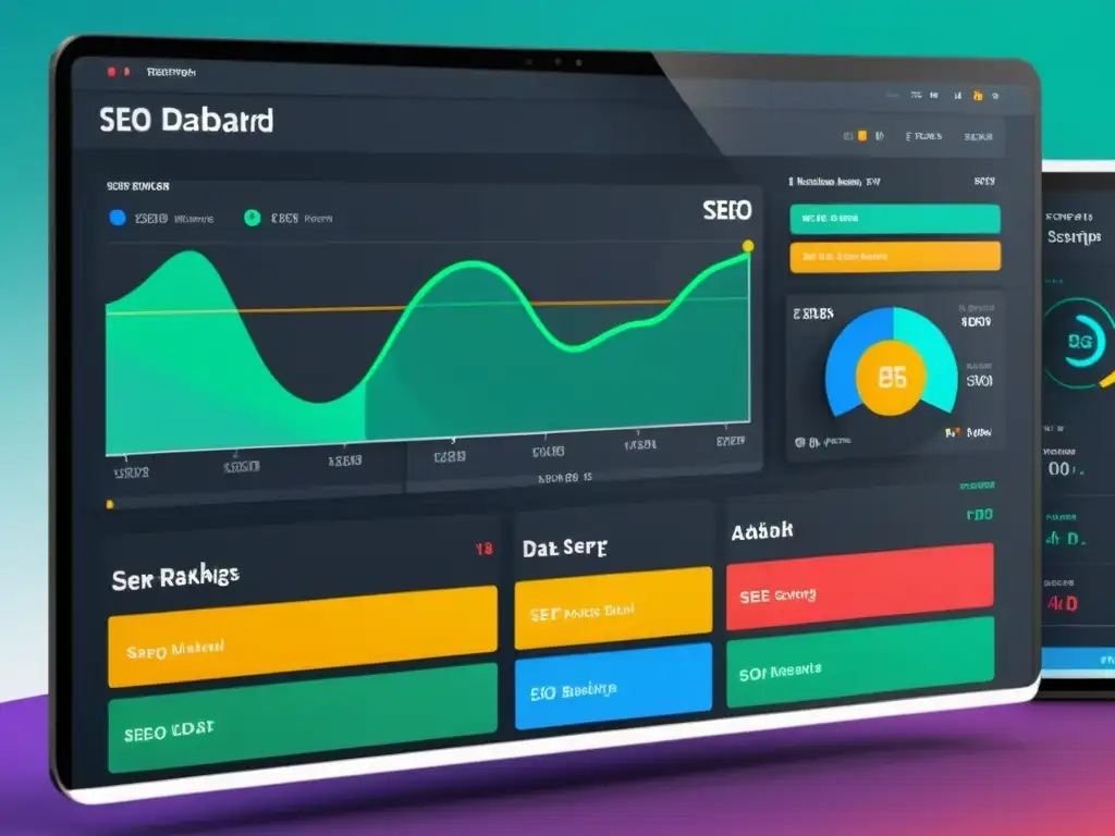 Vibrante dashboard SEO con gráficos de rendimiento, SERP y visualizaciones de datos