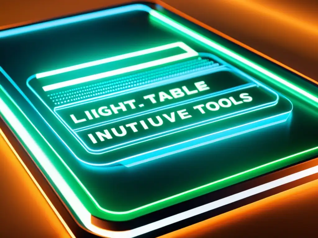 Vibrante interfaz del Editor de texto innovador Light Table, con diseño moderno y código de alta resolución, bañado en una suave y futurista luz