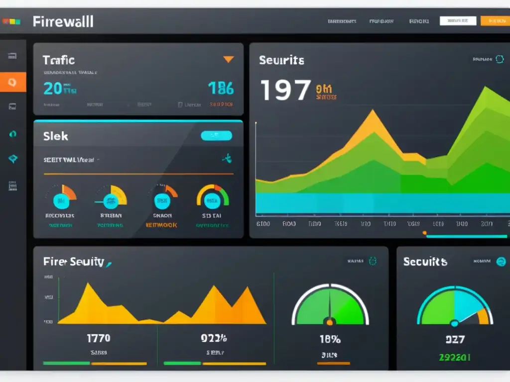 Vibrante interfaz de firewall de código abierto para redes, con visualizaciones de datos coloridas y métricas de seguridad avanzadas