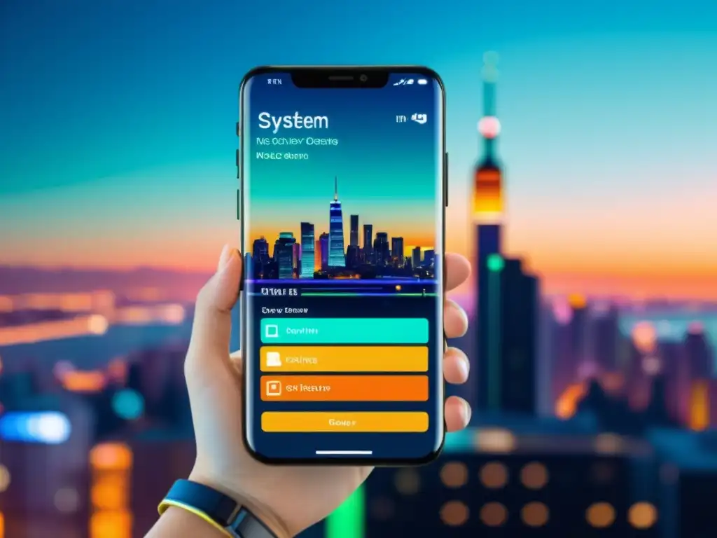 Vibrante interfaz de sistema operativo móvil personalizable con estética futurista y notificaciones